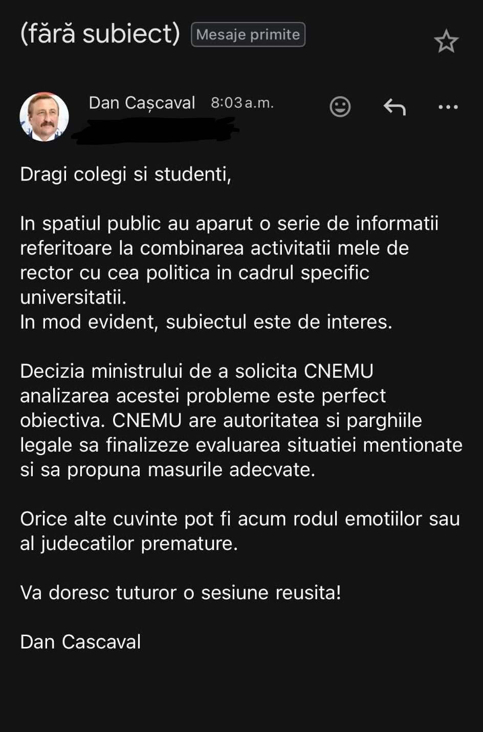 mesaj rector dan cascaval