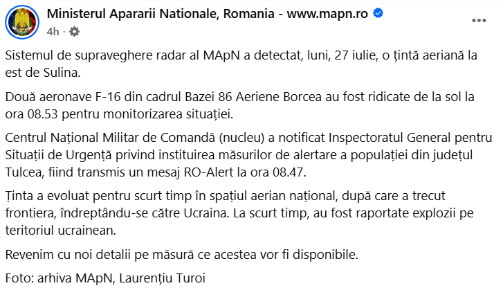 Alerta MAPN - drone pe teritoriul Romaniei