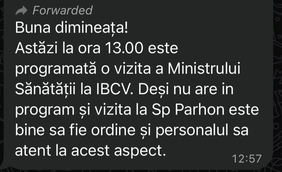 Mesaj WhatsApp transmis personalului Spitalului Parhon din Iași înaintea vizitei ministrului Alexandru Rogobete
